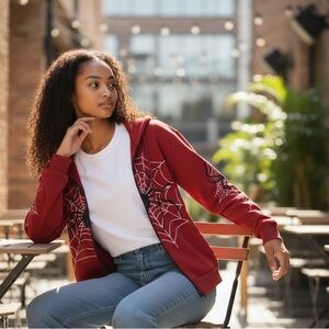 SHEIN Curve Hoodie Womens Size 2xl Red Spider Web Graphic Hooded Jacket Zip Up